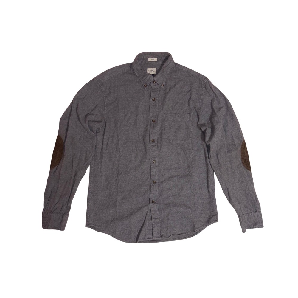 J.CREW Chamois Flannel Shirt Men Large Gray‎ Slim Elbow Patch Heavy Cotton